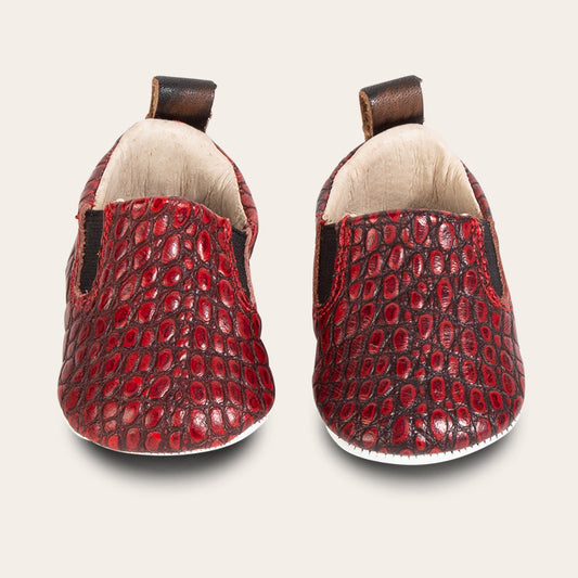 FREEBIRD infant baby kicks red croco leather shoe with pull tab and side elastic panel lifestyle image