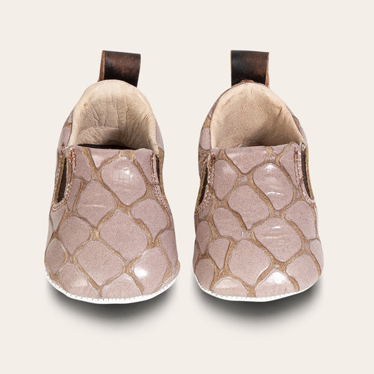 FREEBIRD infant baby kicks stone croco leather shoe with pull tab and side elastic panel lifestyle image