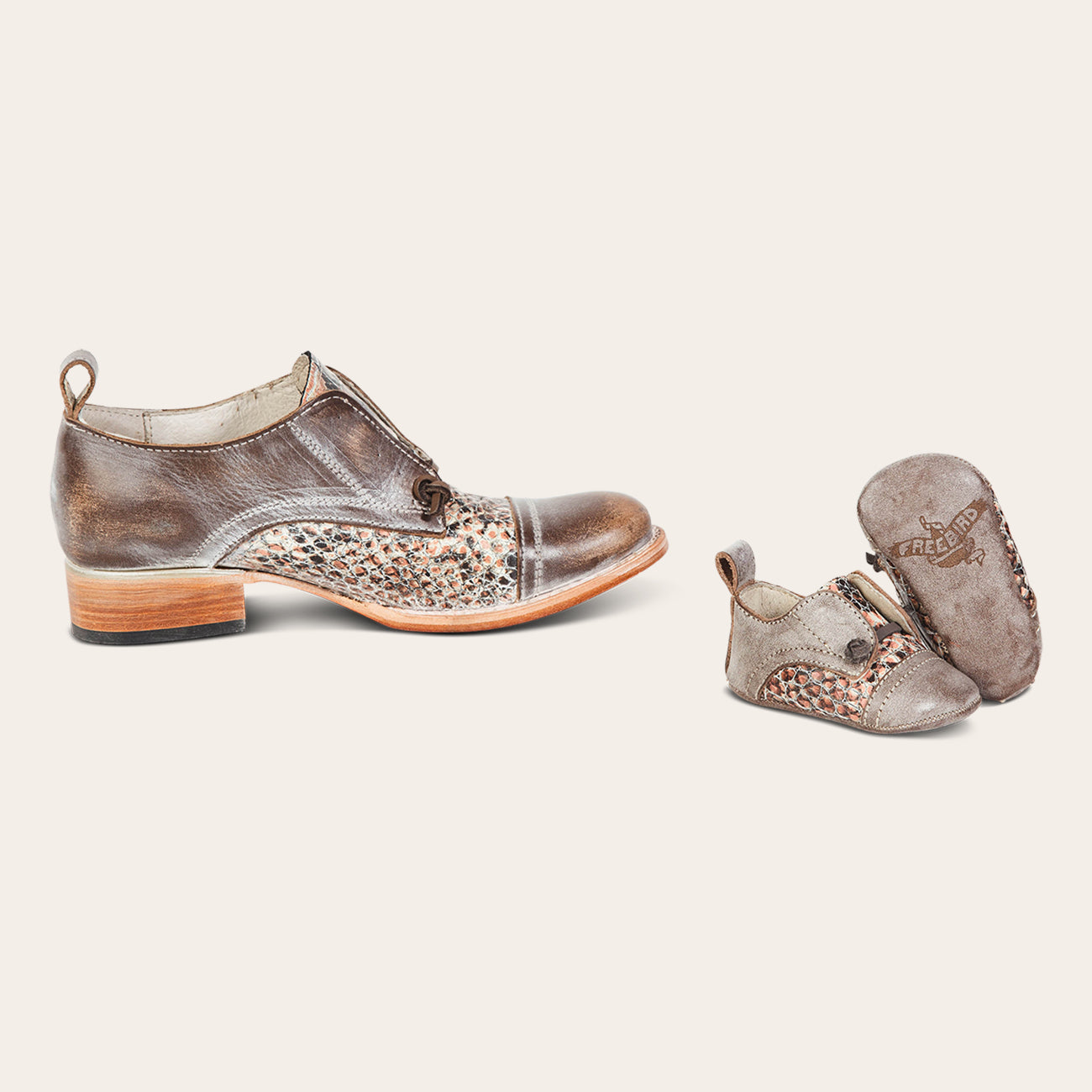 FREEBIRD infant baby Mabel pink multi leather shoe with decorative knotted leather lace and hidden inside elastic panel lifestyle image