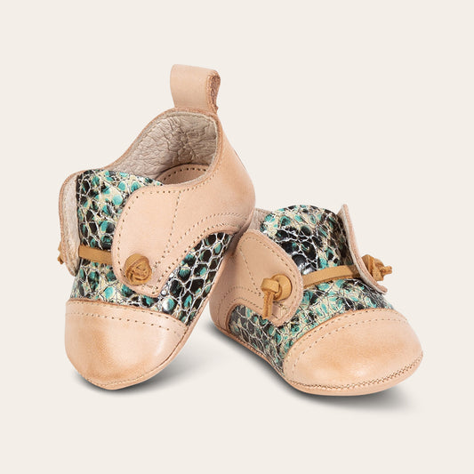 FREEBIRD infant baby Mabel turquoise multi leather shoe with decorative knotted leather lace and hidden inside elastic panel lifestyle image