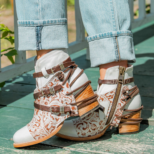 CRUE white Multi leather back lace booties with two-texture leather, decorative buckled straps, and inside zippers