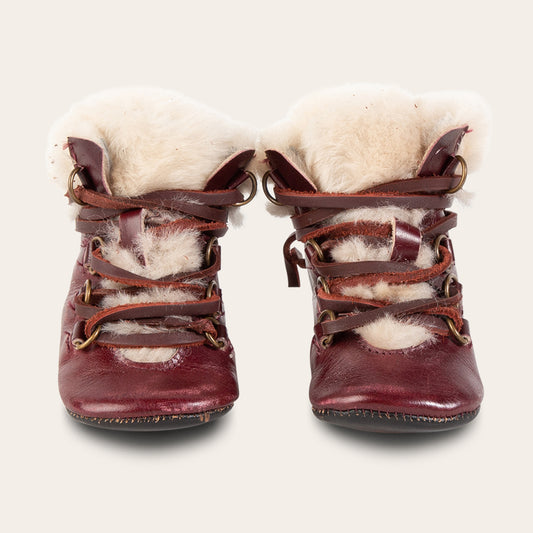 FREEBIRD infant baby Norway wine shearling lined leather bootie with front lacing lifestyle image