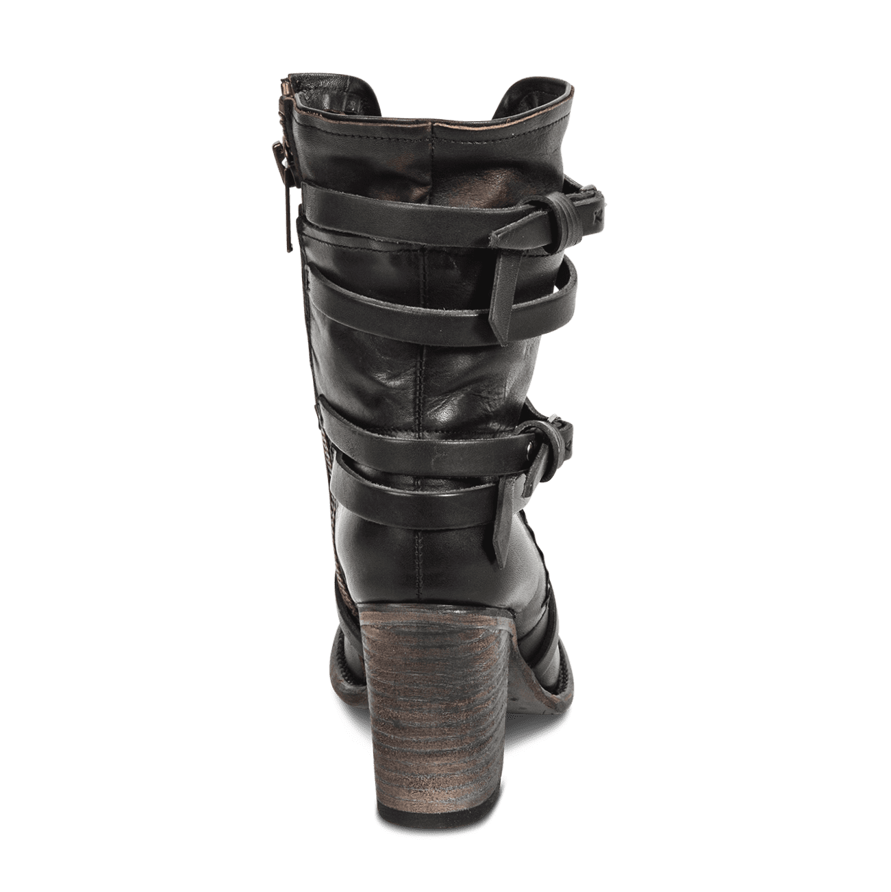 Back view showing adjustable leather straps with silver hardware on FREEBIRD women's Baker black boot 