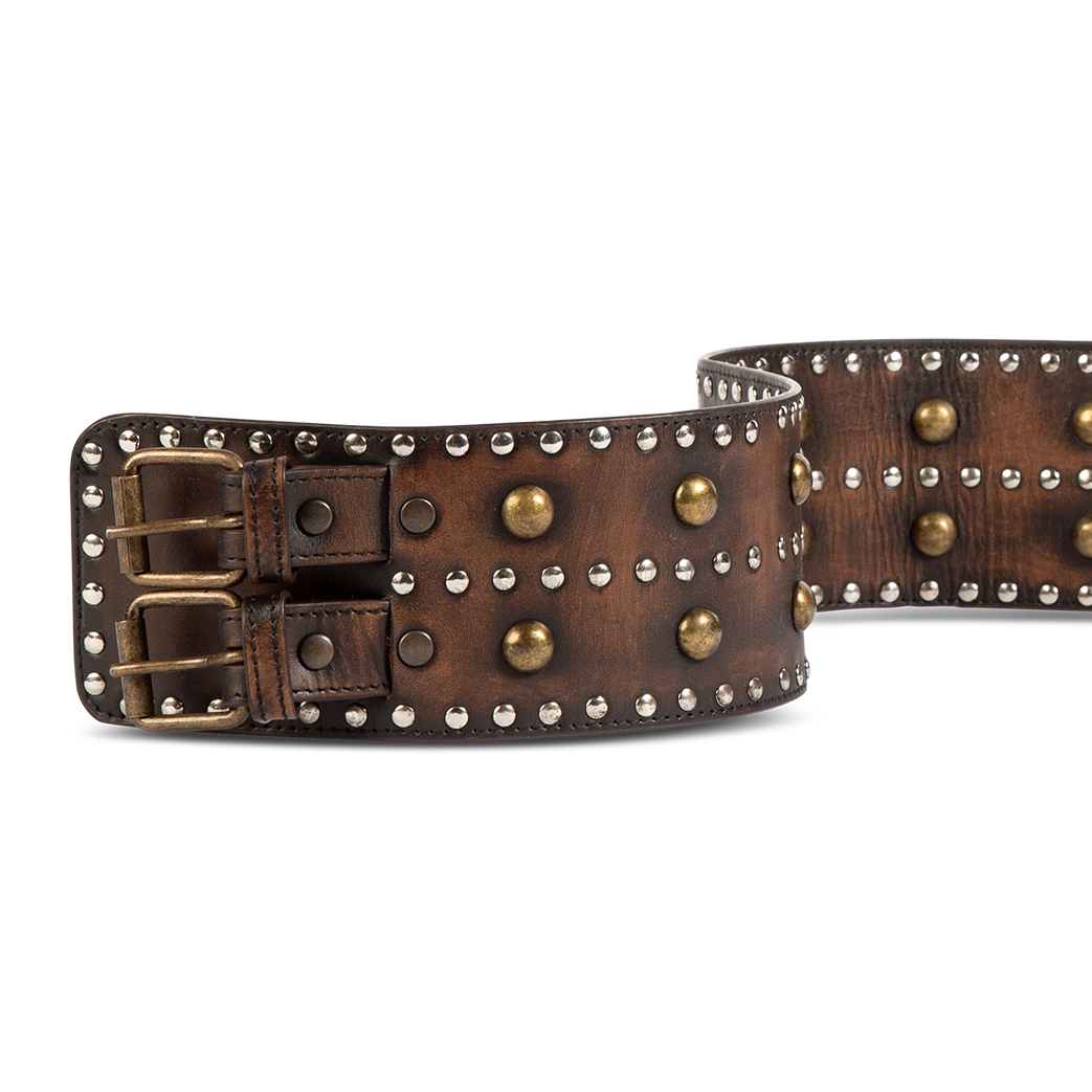 Aline black front view featuring double buckle closure and stud embellishments on FREEBIRD full grain leather belt