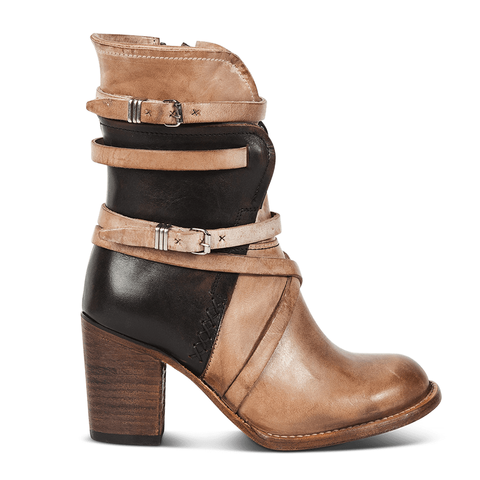 FREEBIRD women's Baker taupe multi inside brass zip closure boot with fashion straps and stacked heel
