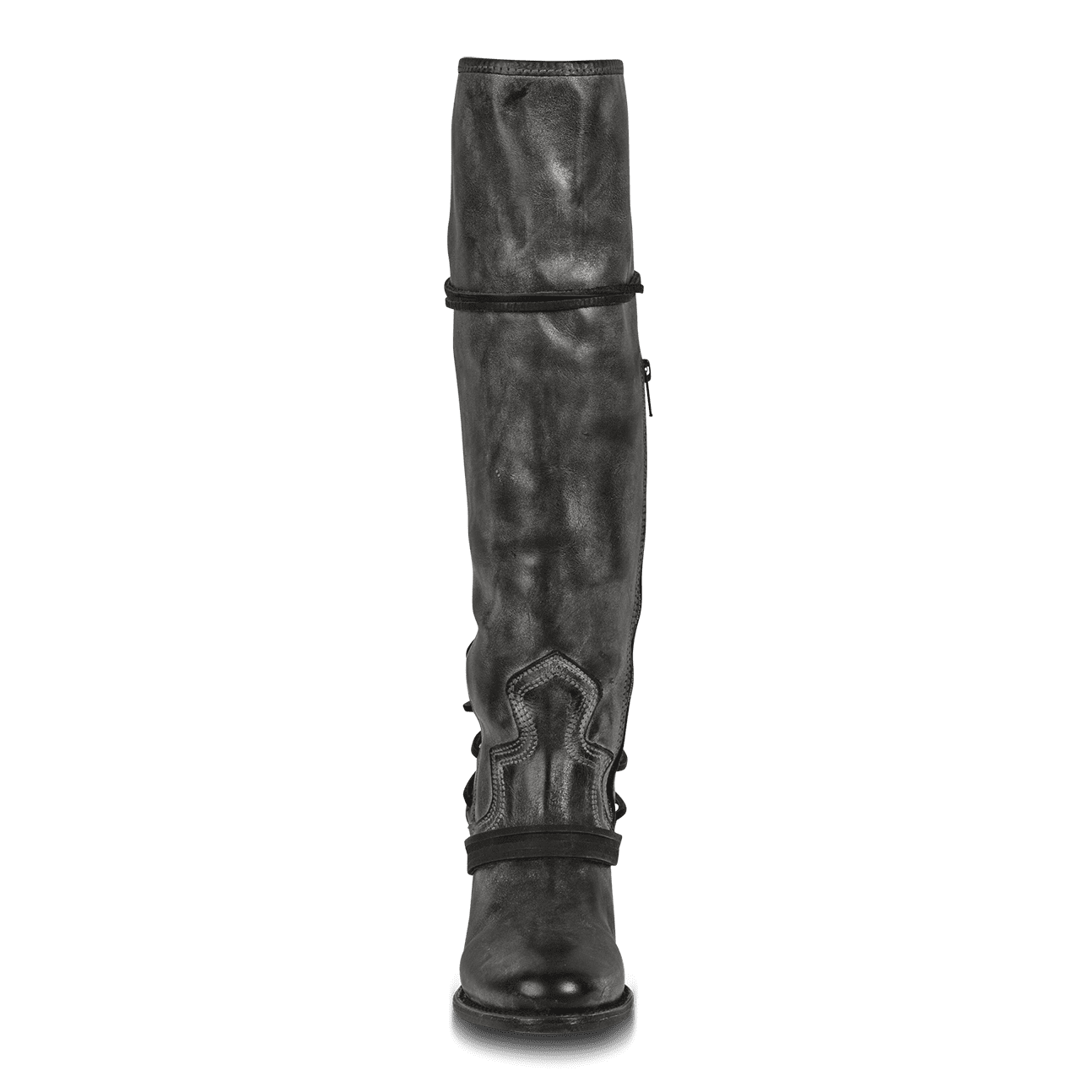 Front view showing shaft stitch detailing and wrap around lacing on FREEBIRD women's Coal black tall boot
