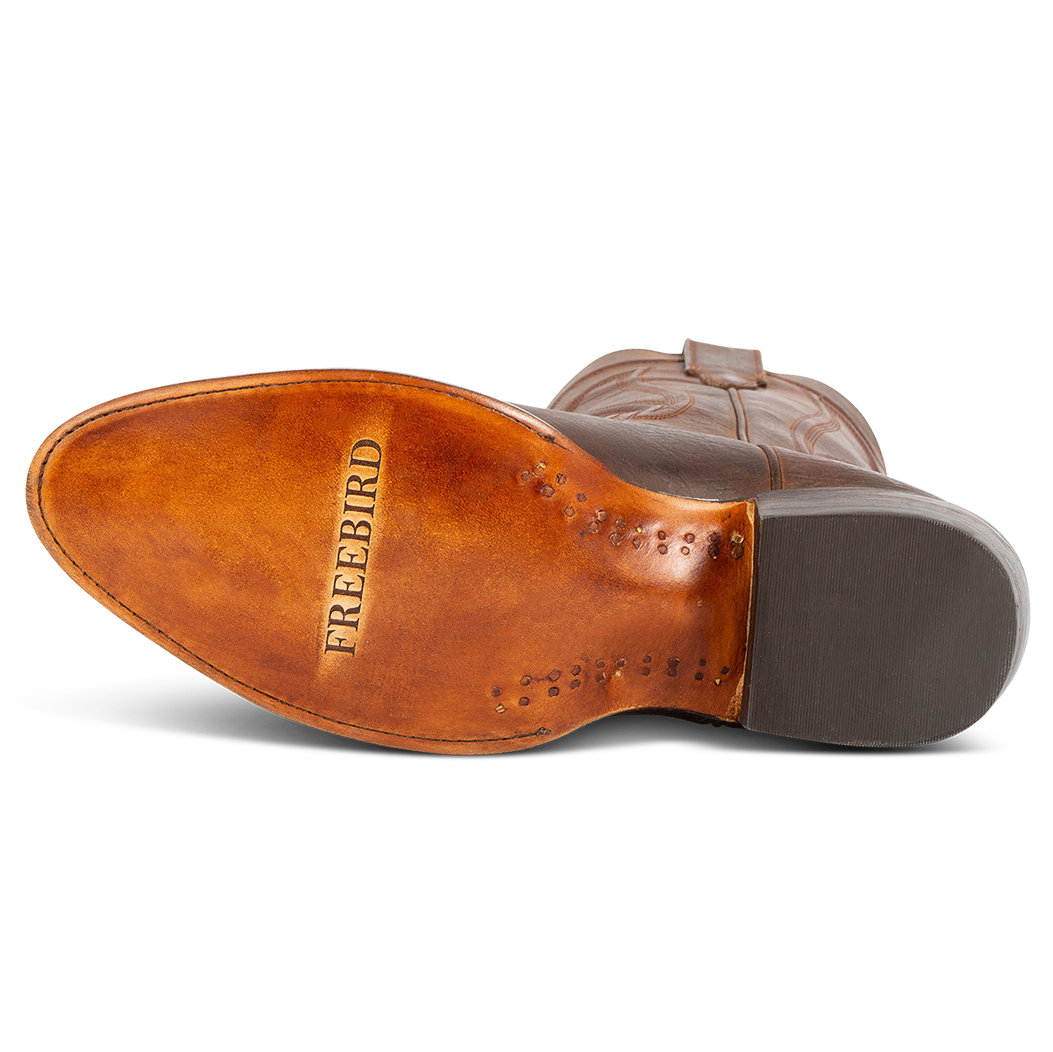 Leather imprinted sole FREEBIRD on men's Bandito brown leather boot