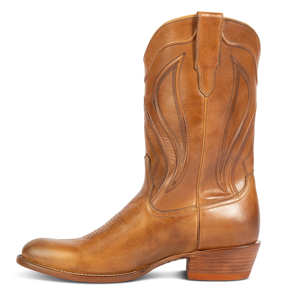 Inside view showing stitch detailing on shaft and toe on FREEBIRD men's Bandito brown leather