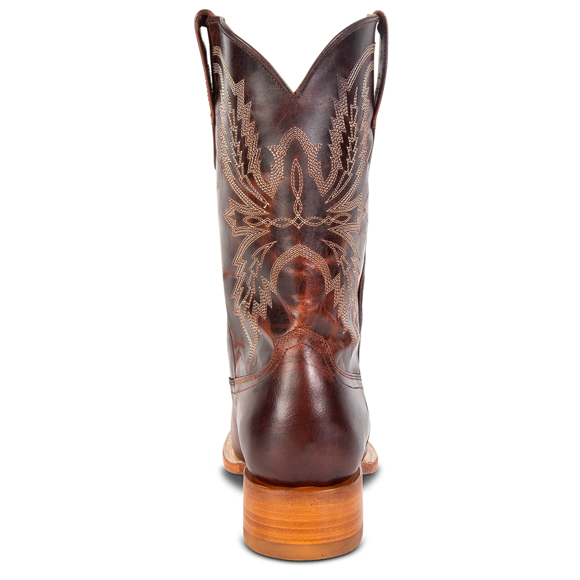 Back view showing unique shaft stitch detailing on FREEBIRD men's Bison cognac cowboy boot