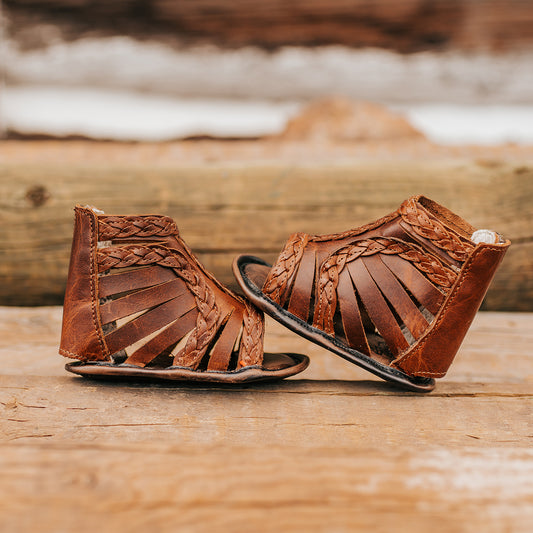 FREEBIRD infant baby Bela cognac sandal with laser-cut leather, braided accents and a back velcro panel 