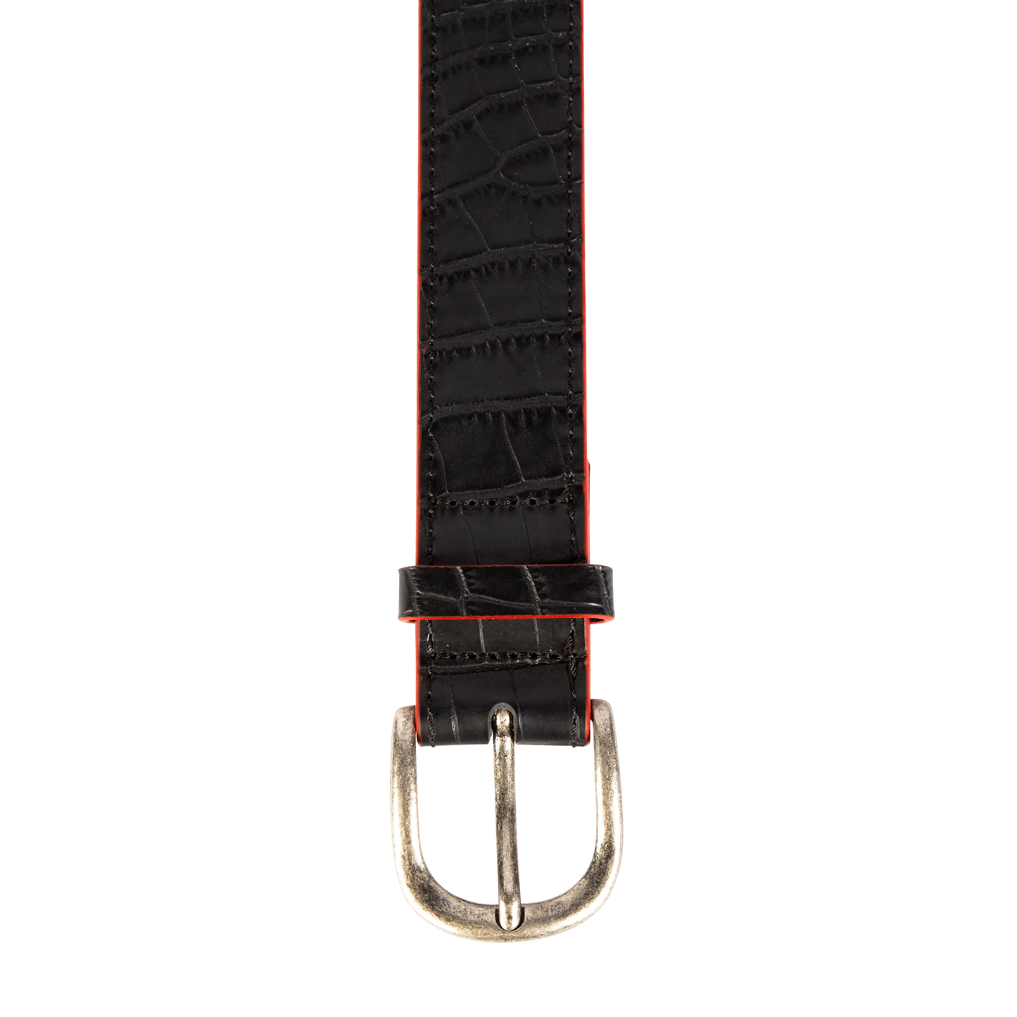 Classic black croco top view with silver buckle hardware on FREEBIRD full grain leather belt