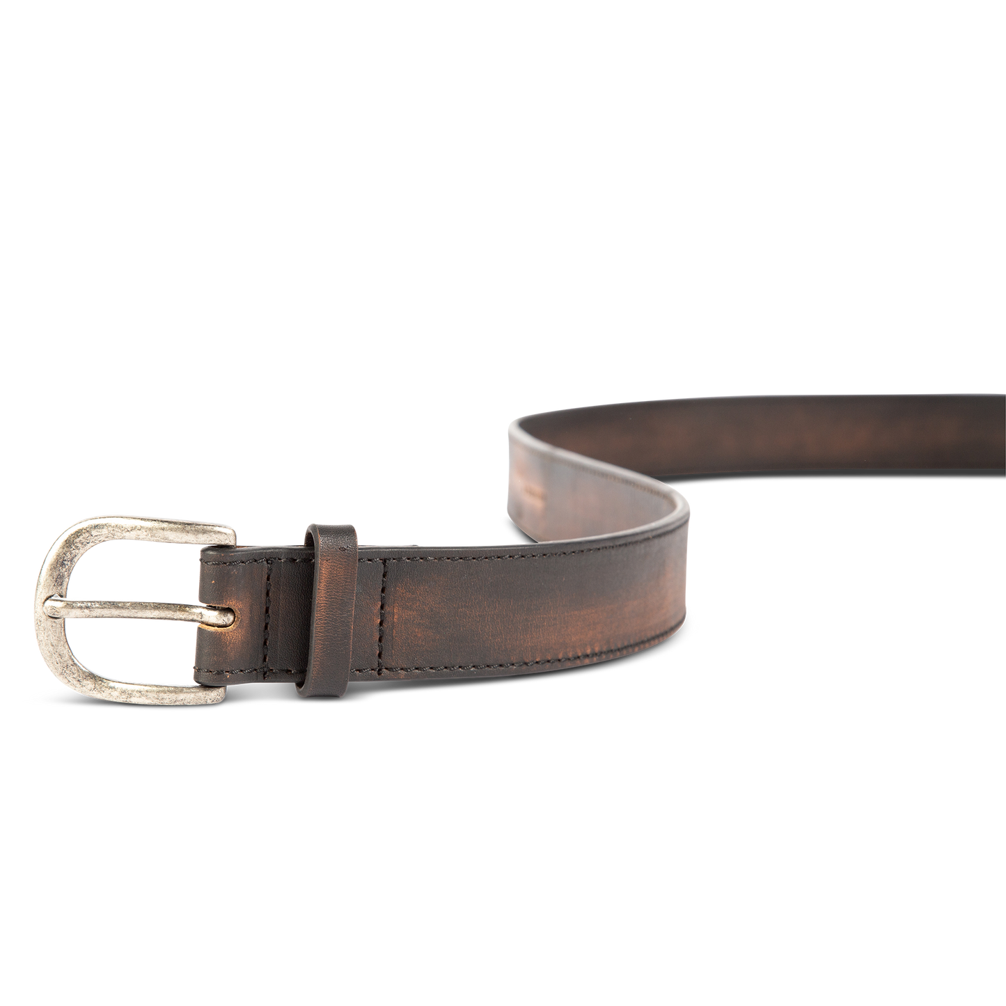 Classic black distressed front view featuring silver buckle hardware on FREEBIRD full grain leather belt