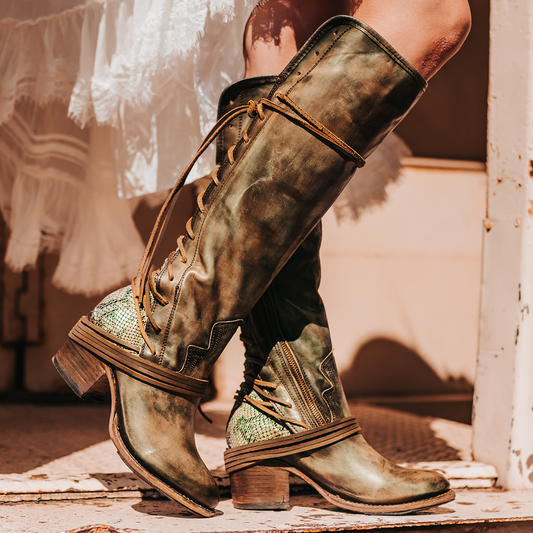 FREEBIRD women’s Coal green snake multi knee high adjustable back lacing boot