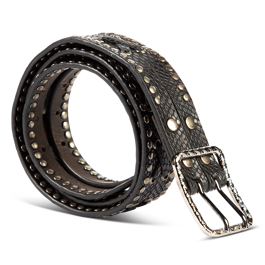 Cross black snake side view featuring silver hardware, stud detailing, and leather strap cross detailing on FREEBIRD full grain leather belt