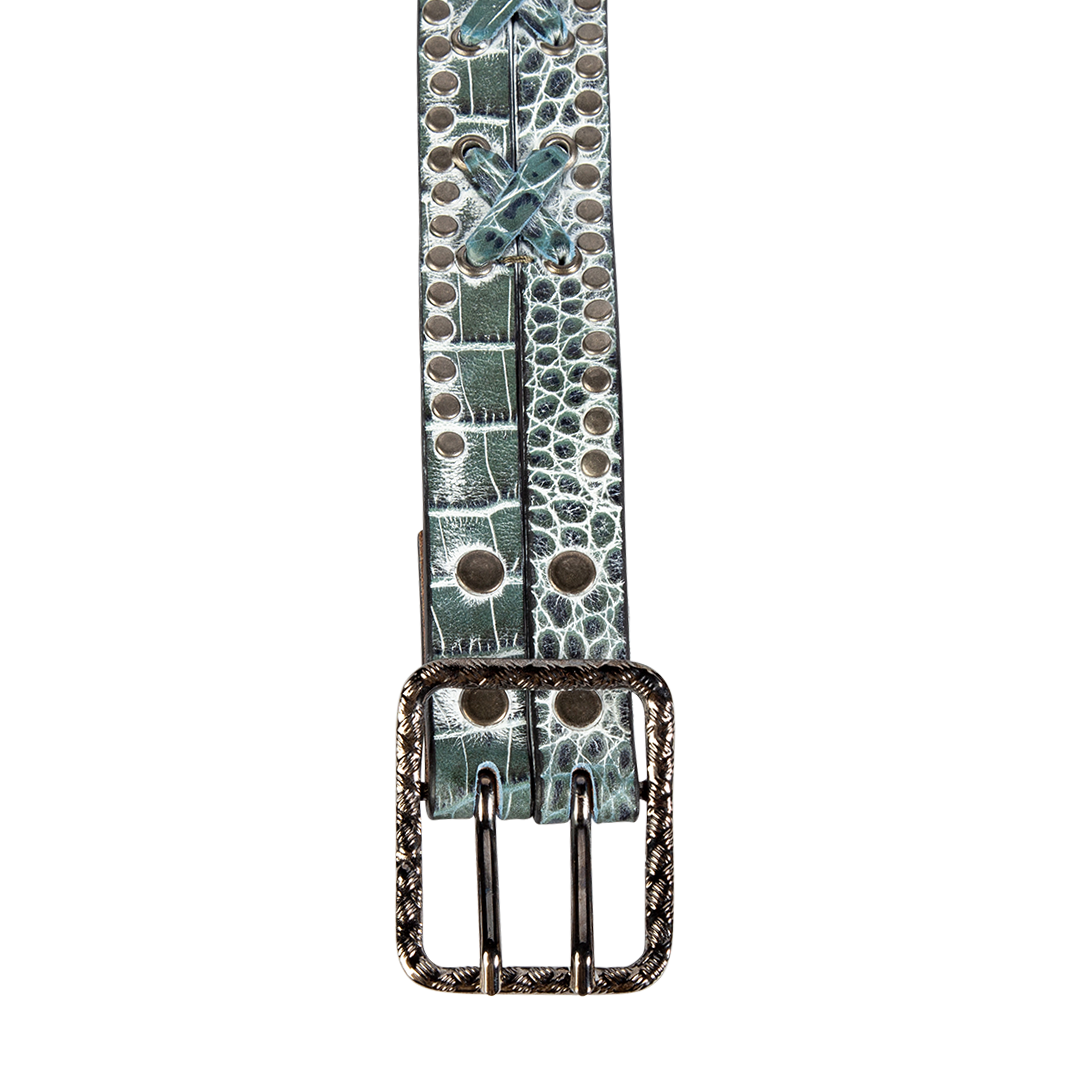 Cross turquoise croco top view featuring silver hardware and leather wrap cross detailing on FREEBIRD full grain leather belt