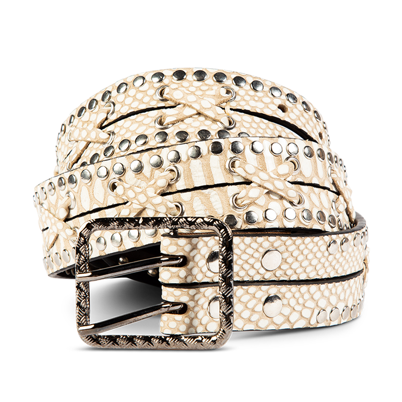 FREEBIRD Cross white snake full grain leather belt featuring silver hardware and leather cross detailing