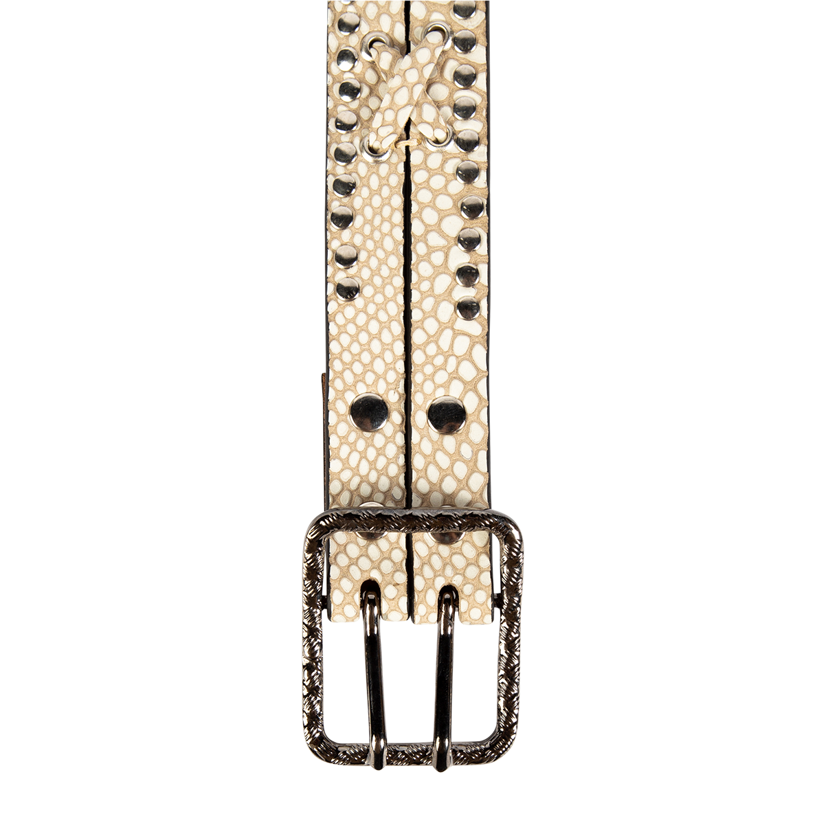 Cross white snake top view featuring silver hardware and leather wrap cross detailing on FREEBIRD full grain leather belt