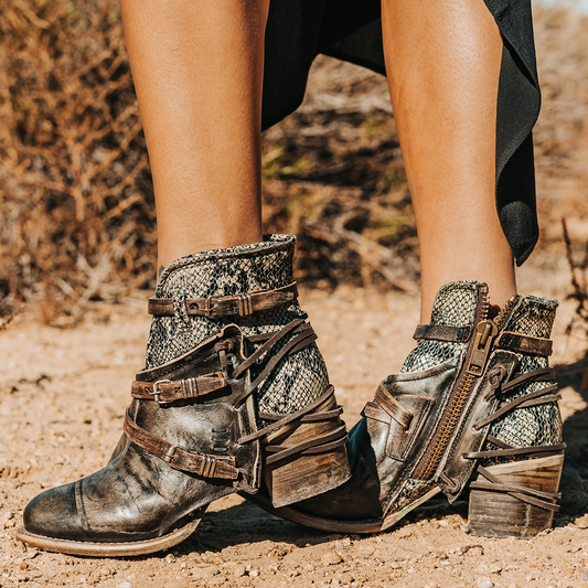 FREEBIRD women's Crue olive multi leather cutout ankle bootie with silver hardware straps and back lacing detail