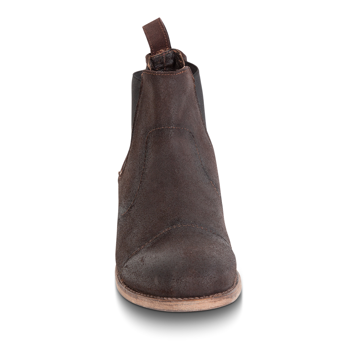 Front view showing stitch detailing on FREEBIRD men's Curtis brown suede chelsea boot
