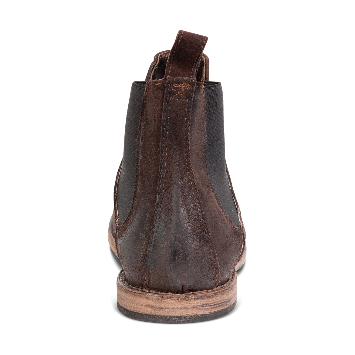 Back view showing leather pull tab on FREEBIRD men's Curtis brown suede chelsea boot
