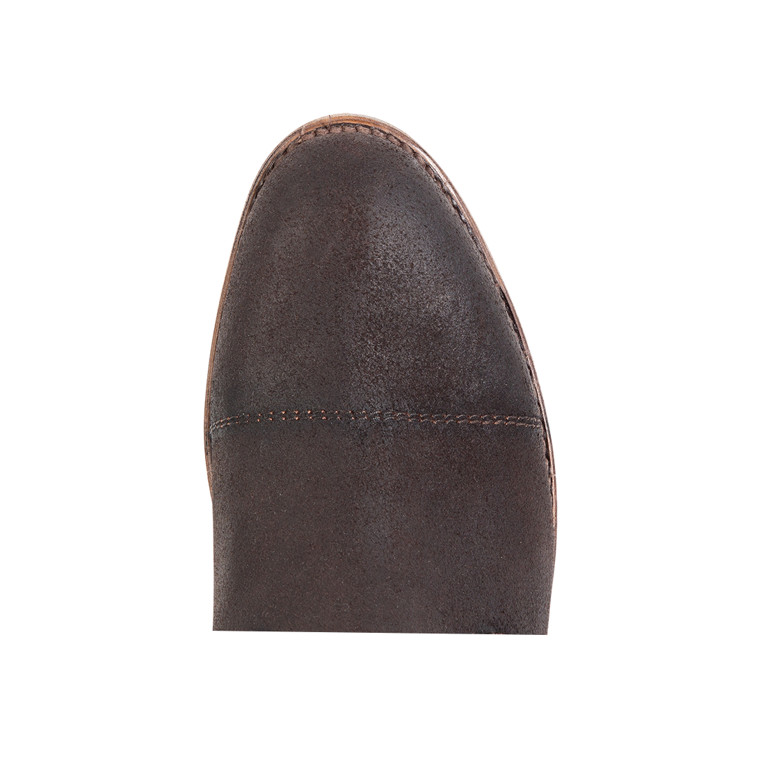 Top view showing almond toe and stitch detailing on FREEBIRD men's Curtis brown suede chelsea boot