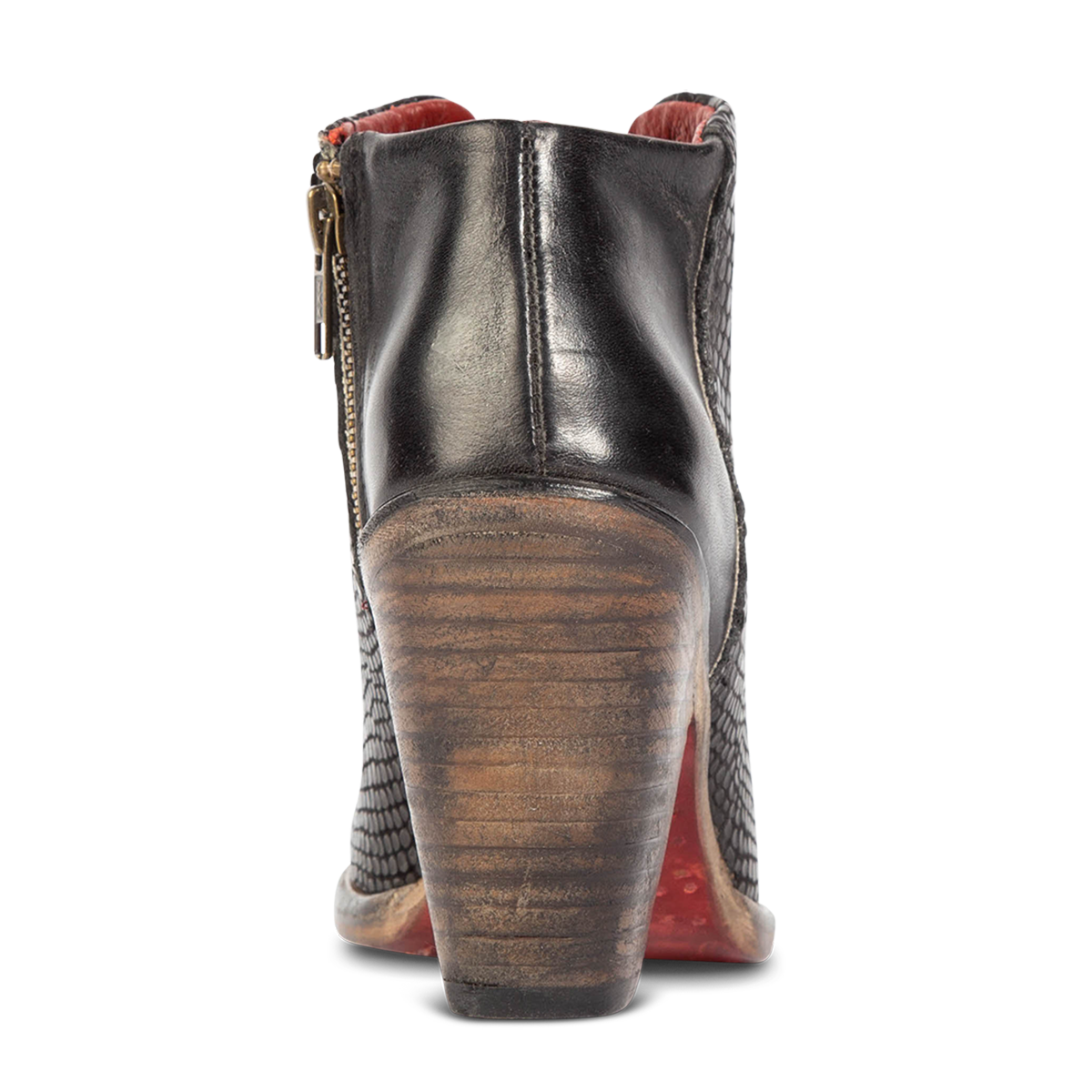 Back view showing inverted wooden heel on FREEBIRD women's Detroit black snake bootie