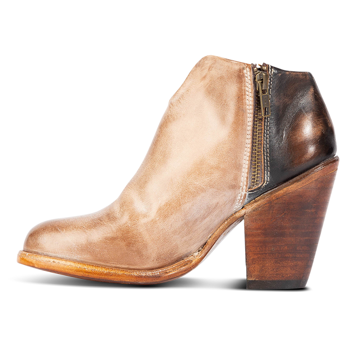 Inside view showing zip closure and two toned leather on FREEBIRD women's Detroit taupe bootie