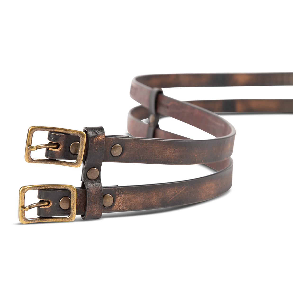 Double black distressed front view featuring full grain leather and double buckle detailing on FREEBIRD full grain leather belt