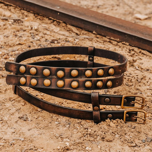 FREEBIRD Double black distressed full grain leather belt featuring rustic hardware and double buckle closure