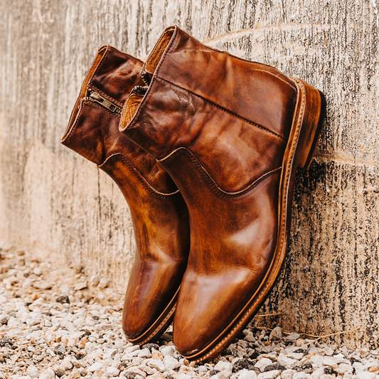 FREEBIRD men's Douglas cognac leather ankle boot with an almond toe, inside zip and low heel