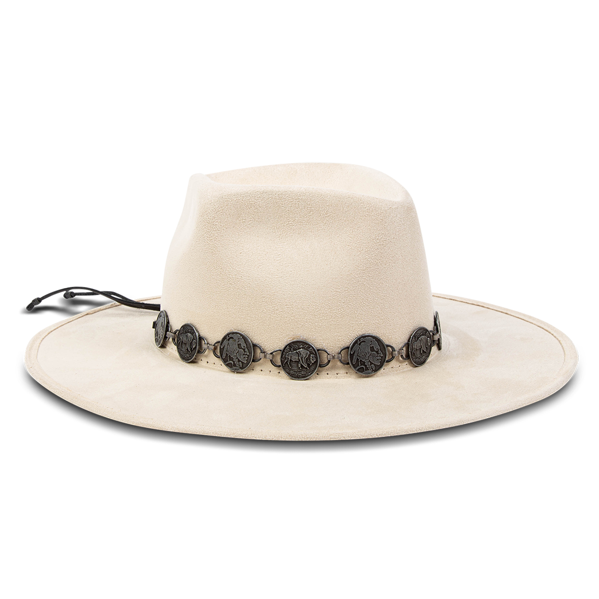 Gemini beige side view showing metal coin band on FREEBIRD flat wide brim hat featuring a diamond-shaped crown