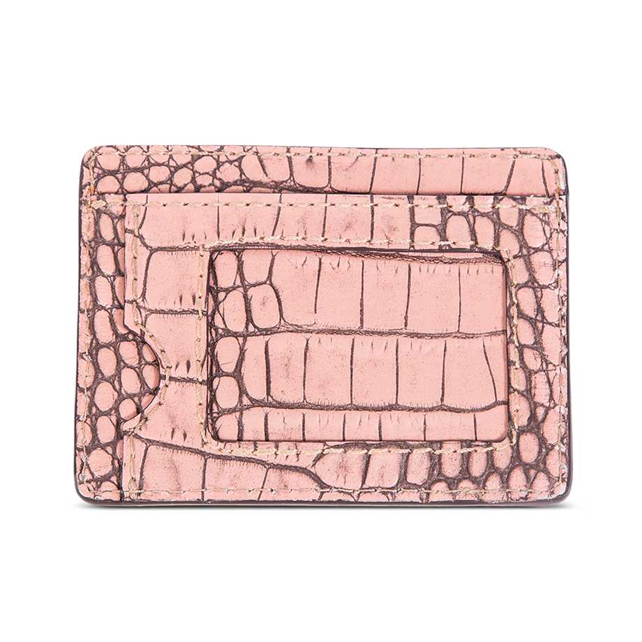 Back view showing clear card case on FREEBIRD CC Wallet pink croco