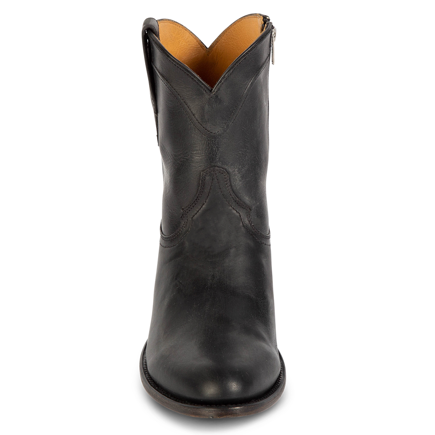 Front view showing traditional detailing on shaft and front dip on FREEBIRD men's Henderson black leather mid calf boot