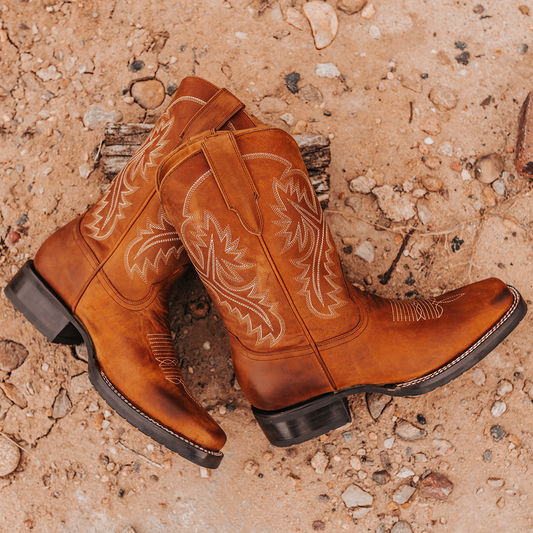 FREEBIRD men's Heritage tan leather boot with square toe construction, leather pull straps and tread sole
