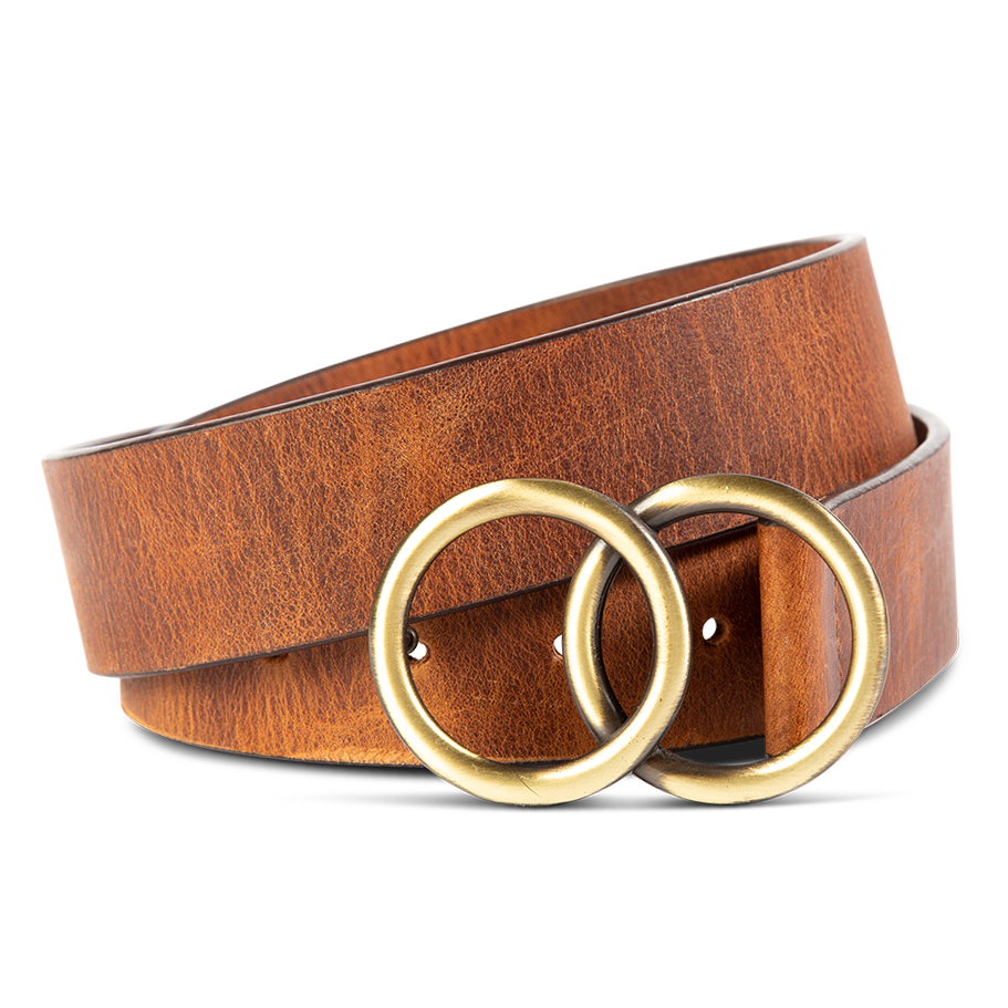 FREEBIRD infinity cognac full grain leather belt featuring rustic loop hardware