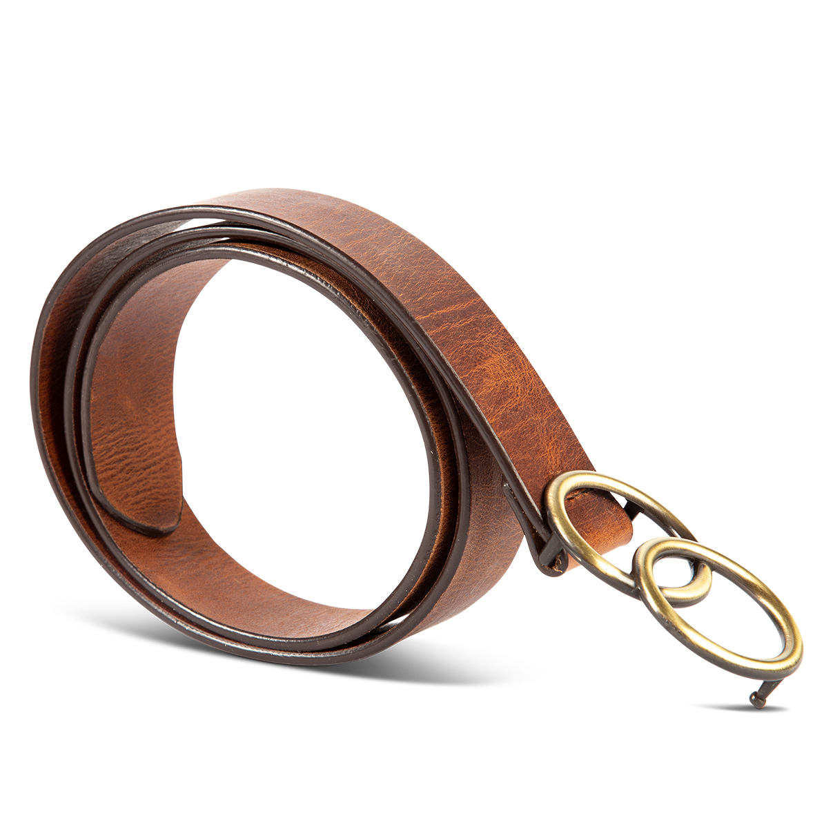 Infinity cognac side view featuring full grain leather and rustic loop hardware on FREEBIRD full grain leather belt