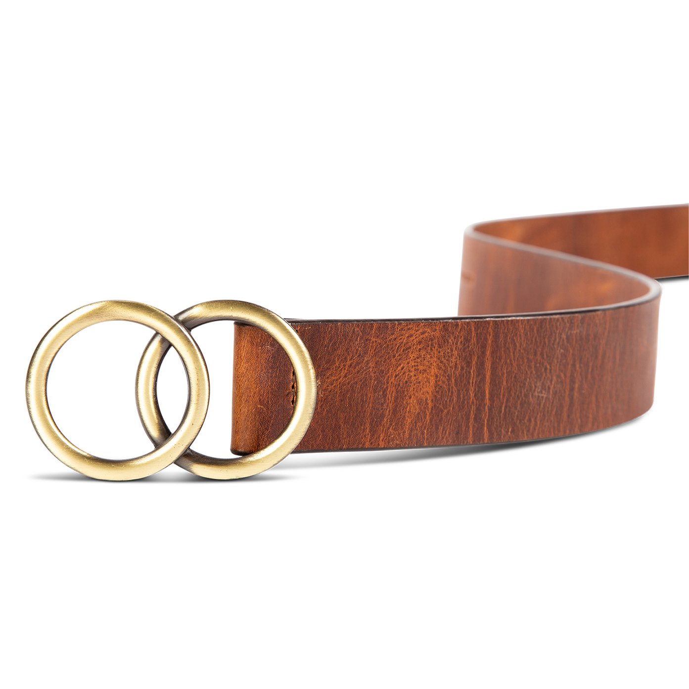 Infinity cognac front view featuring full grain leather and rustic loop hardware on FREEBIRD full grain leather belt