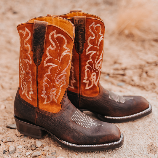 FREEBIRD men's James brown boot with traditional Western stitching, tread sole and leather pull straps