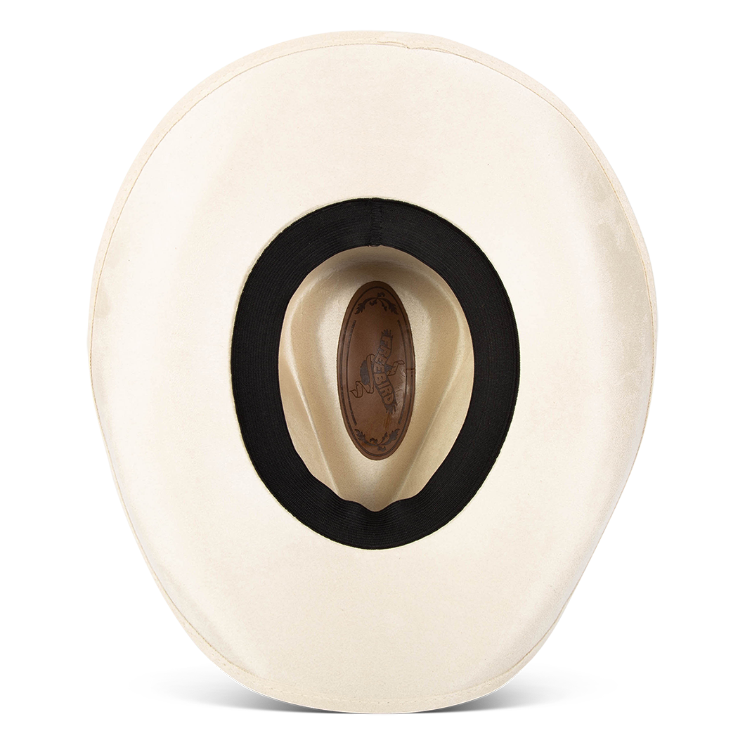 Jones beige inside view showing sweatband on FREEBIRD western cowboy hat featuring a teardrop crown, upturned-brim, and braided leather band
