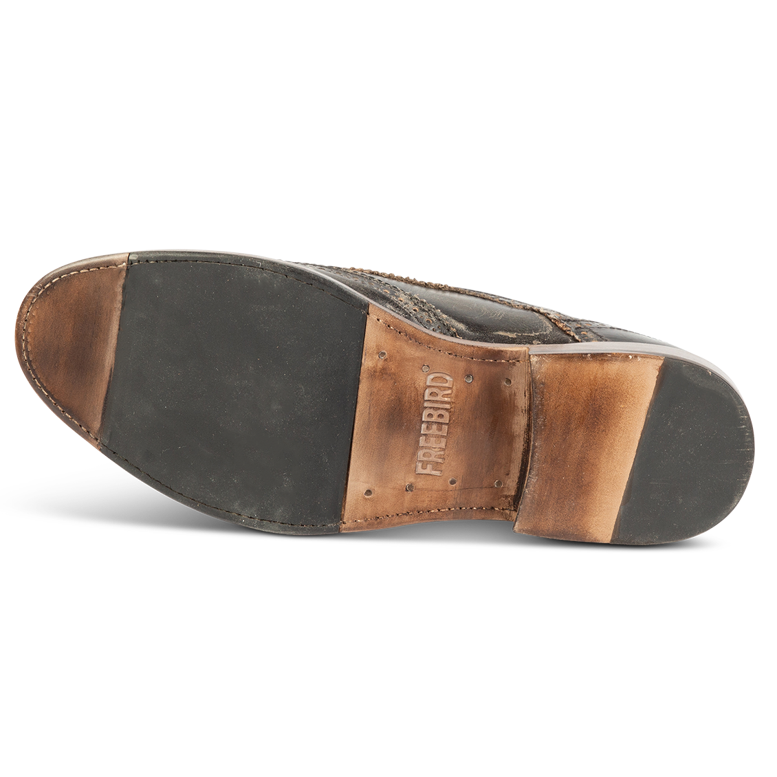 Leather sole imprinted with FREEBIRD on men's Kensington olive shoe