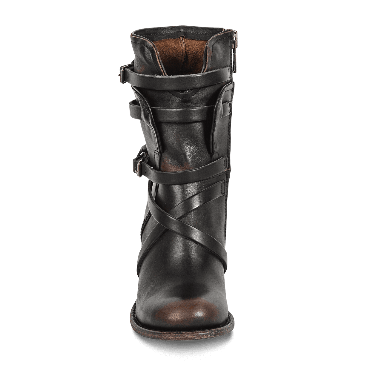 Front view showing front cut-out and leather fashion straps on FREEBIRD women's Baker black boot 