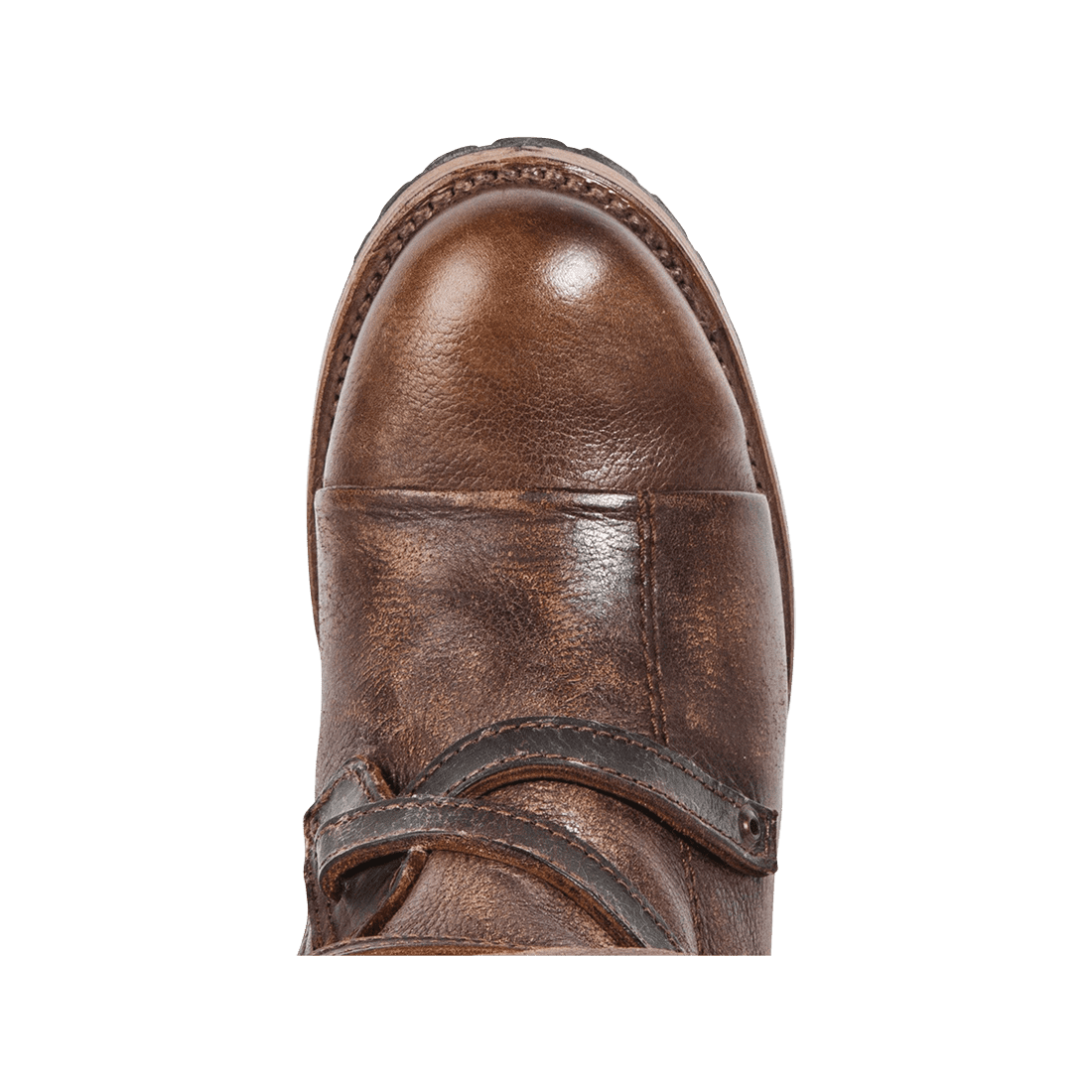 Top view showing round toe and leather ankle strap on FREEBIRD women's Cora brown leather boot