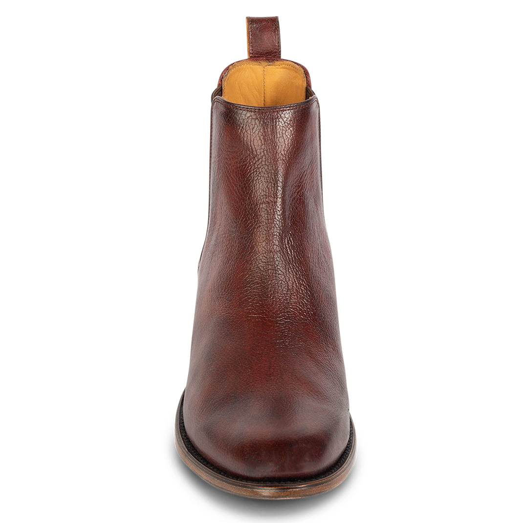 Front view showing back leather pull strap on FREEBIRD men's Palmer rust low heeled ankle boot 