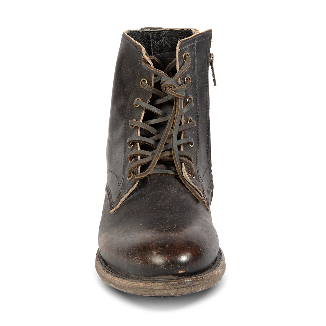 Front view showing adjustable leather laces on FREEBIRD men's Pendleton black ankle boot