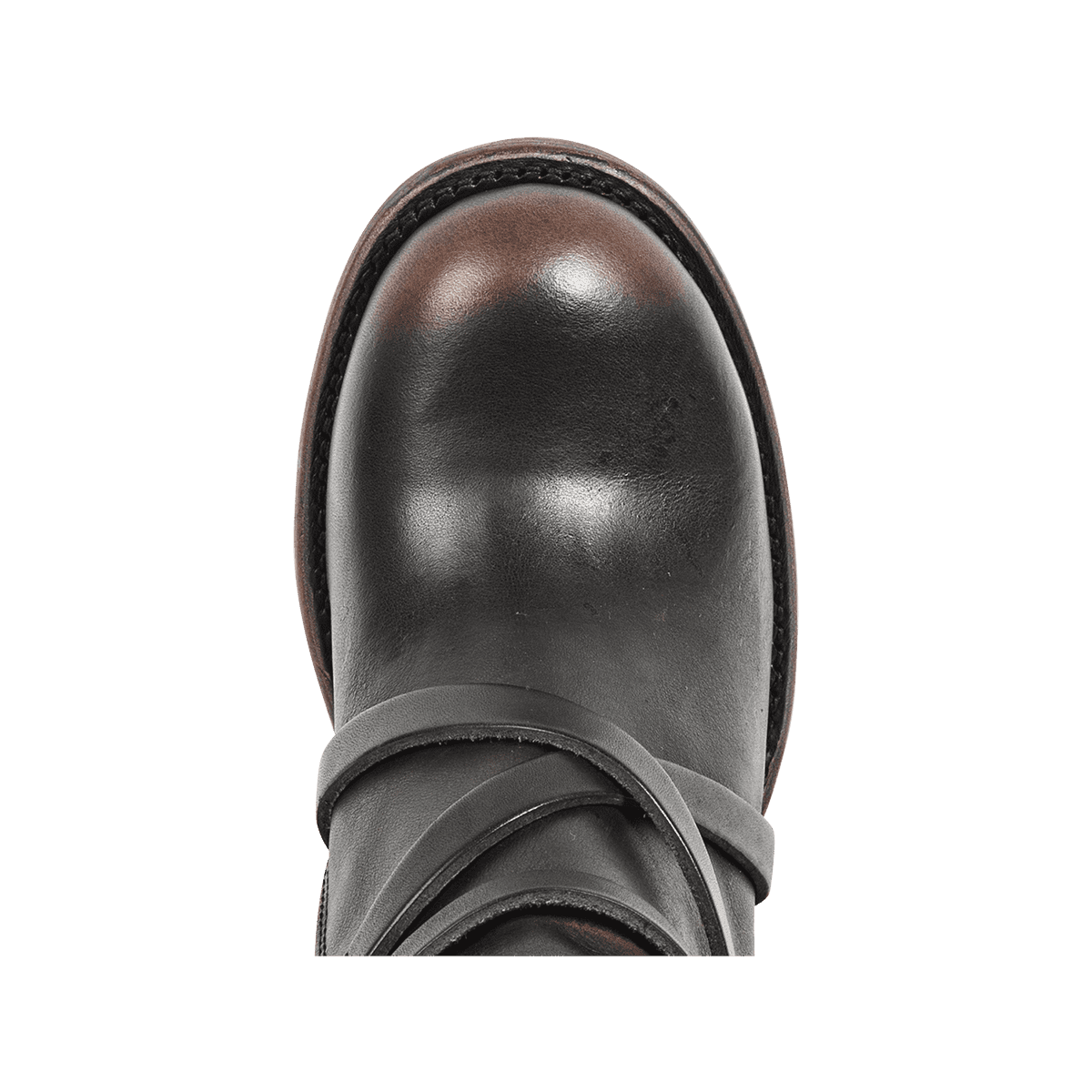Top view showing round toe and leather ankle straps on FREEBIRD women's Baker black boot 