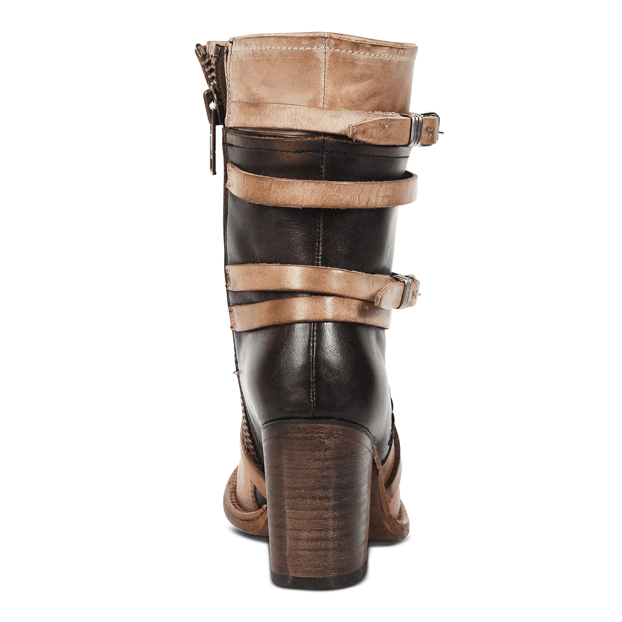 Back view showing adjustable leather straps with silver hardware on FREEBIRD women's Baker taupe multi boot