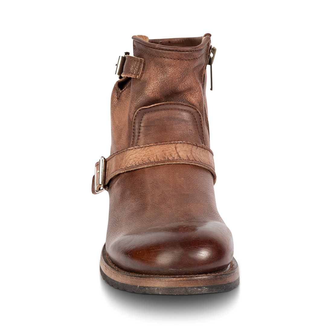 Front view showing ankle shaft construction and buckle strap detailing on FREEBIRD men's Railroad brown distressed ankle boot