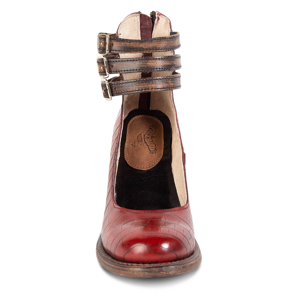 Front view showing open construction and three adjustable ankle straps on FREEBIRD women’s Randi red croco leather shoe