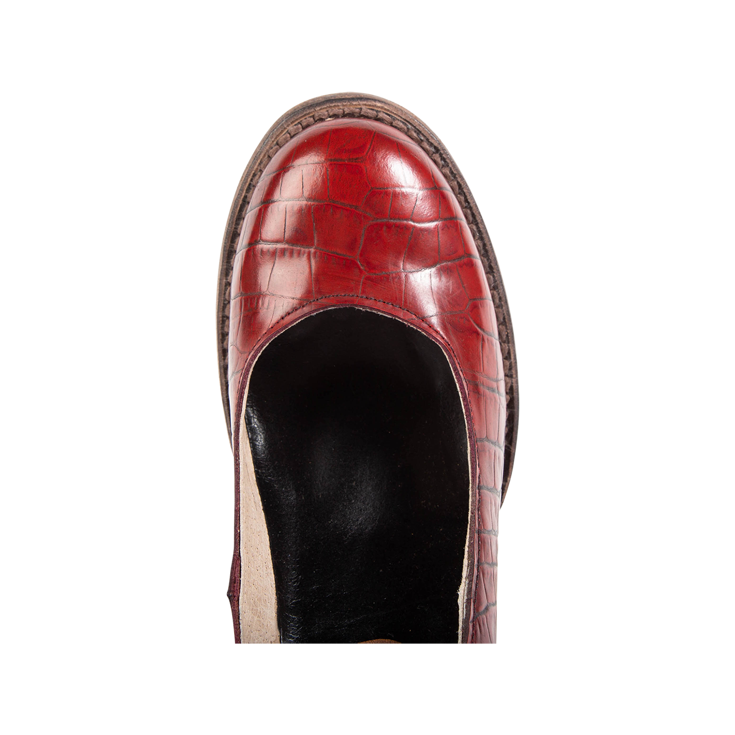 Top view showing round toe and open construction on FREEBIRD women’s Randi red croco leather shoe