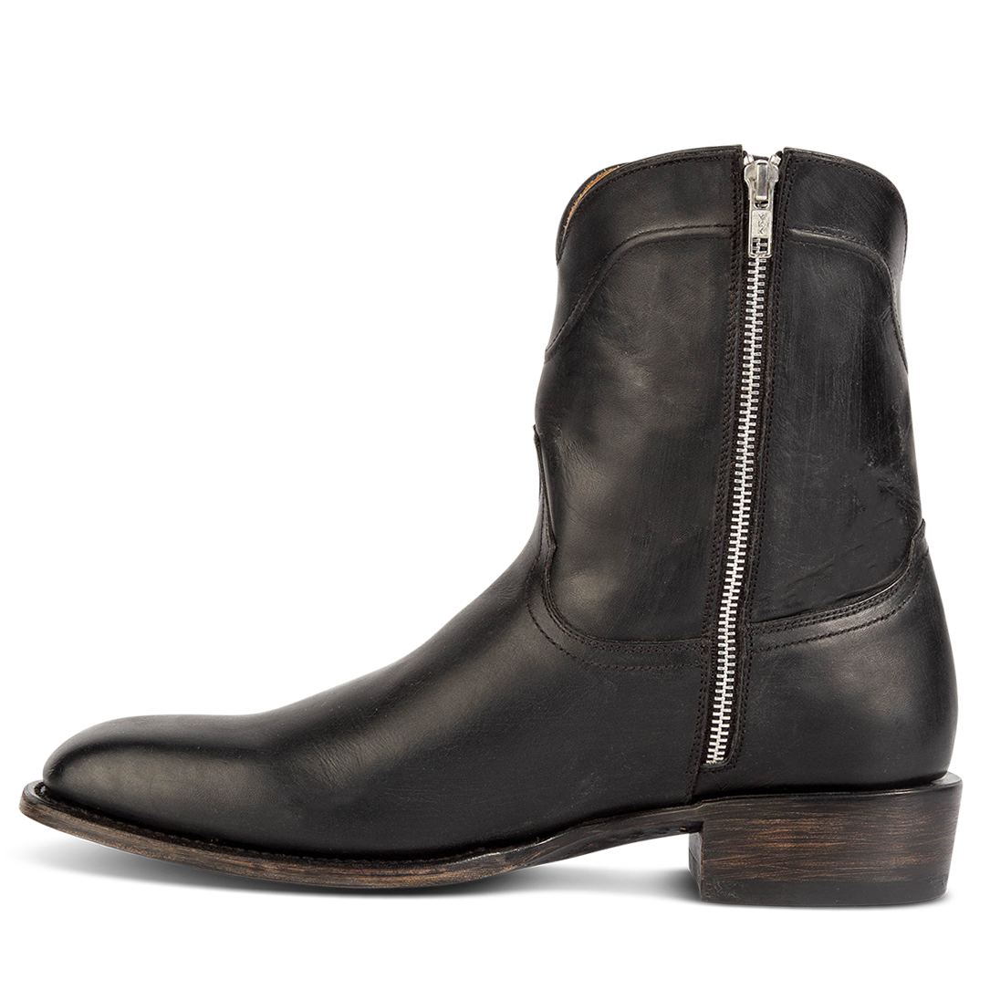 Inside view showing working brass zip closure on FREEBIRD men's Tifton black low heeled mid calf boot